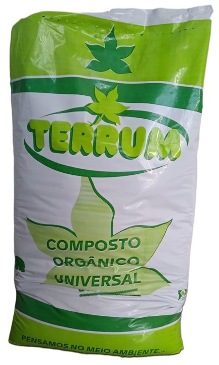 Composto orgânico universal 50L Saco plástico de composto orgânico universal TERRUM verde e branco com folhas e texto