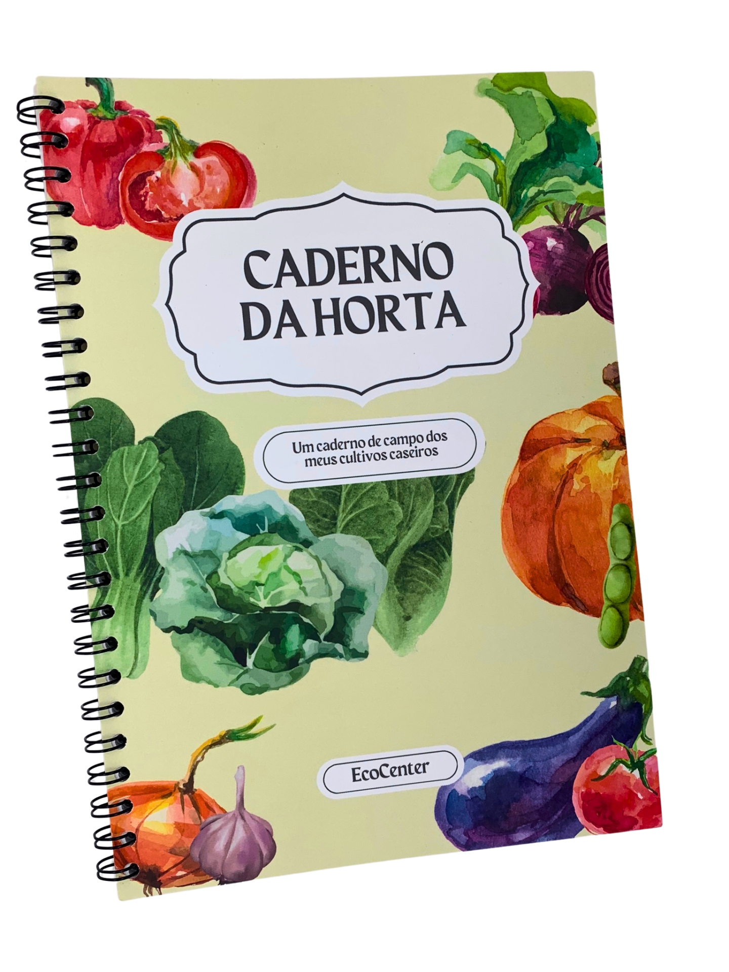 Caderno da Horta Caderno com capa ilustrada com vegetais e texto em português