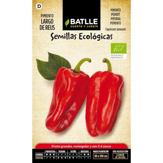 Bio Pimento Vermelho Pacote de sementes ecológicas Batlle com dois pimentos vermelhos Largo de Reus desenhados