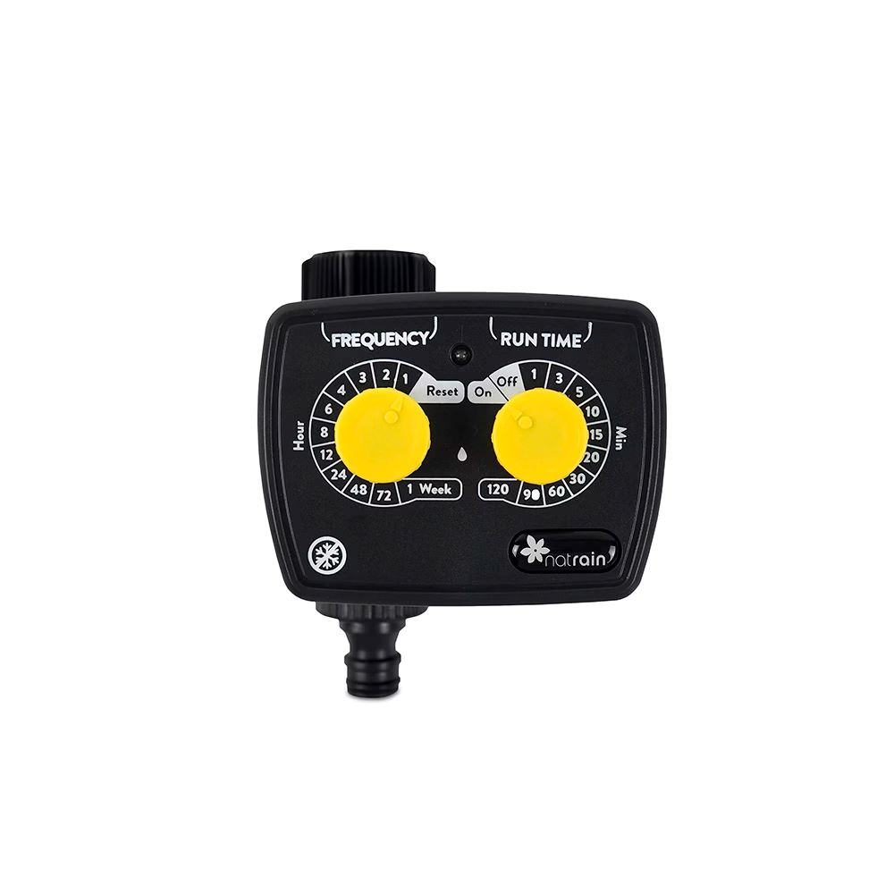 Programador de rega – REGA Temporizador de rega preto com botões amarelos e texto branco