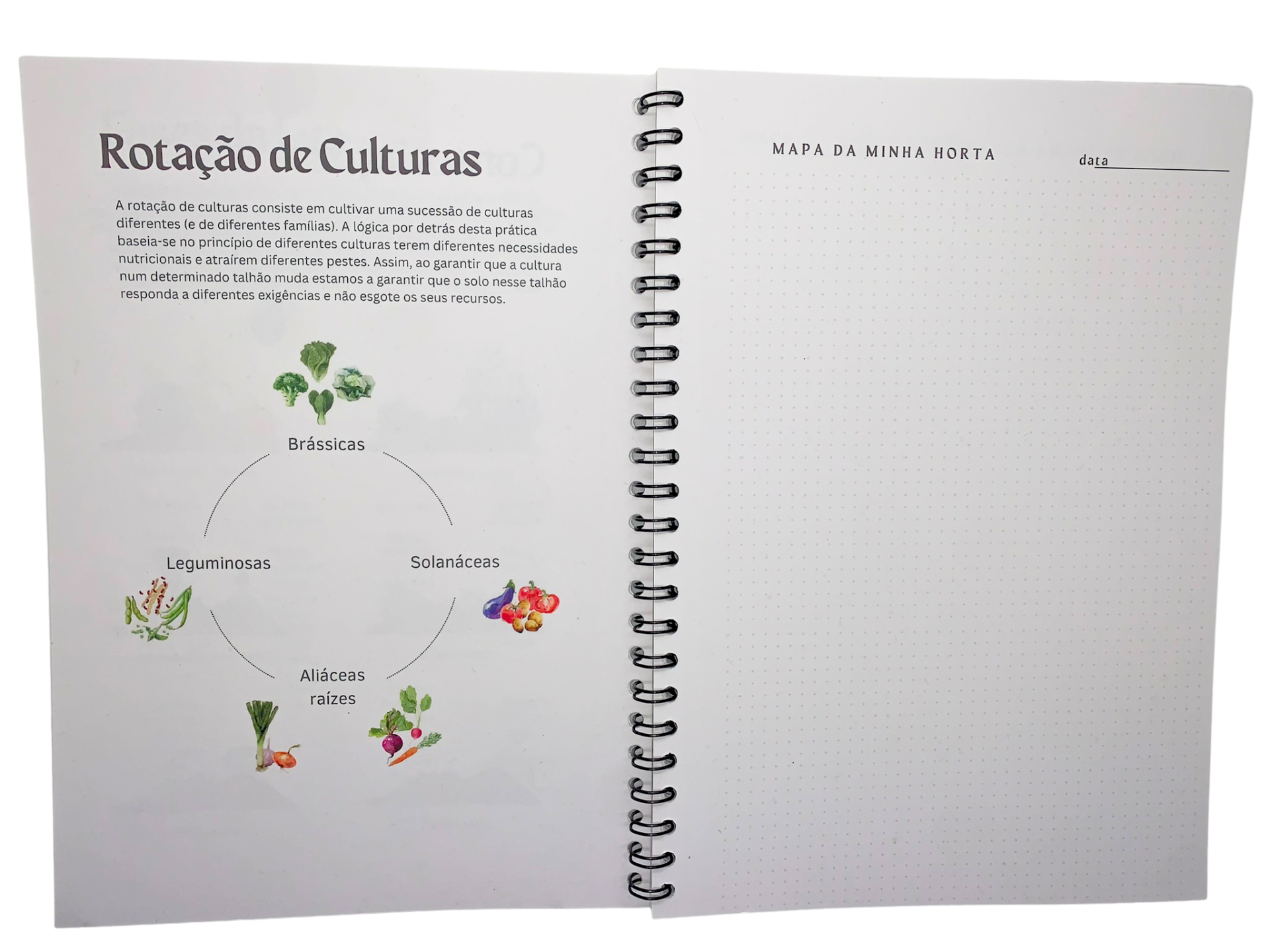 Caderno da Horta Caderno com gráfico e texto sobre rotação de culturas e página em branco titulada MAPA DA MINHA HORTA.