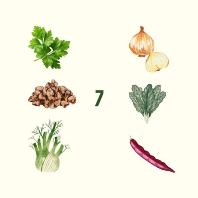 Desenhos ilustrativos de alimentos com o número 7 ao centro