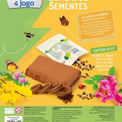 Embalagem do kit Bombas de Sementes, com imagem de bloco de argila, sementes e flores coloridas