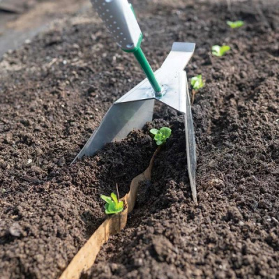 Enxada de metal com cabo verde cavando solo fértil com pequenas plantas verdes