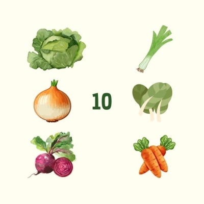 Ilustrações de vários vegetais e número 10 ao centro em fundo creme
