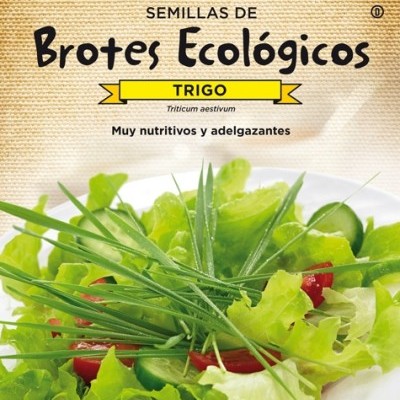 Pacote de sementes de brotos ecológicos de trigo da marca BATLLE com imagem de salada fresca
