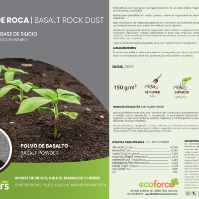 Pacote de fertilizante ecossustentável Cultivers eco com pó de basalto e pequenas plantas em terra escura