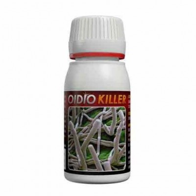 Frasco branco com rótulo OIDIO KILLER e imagem microscópica