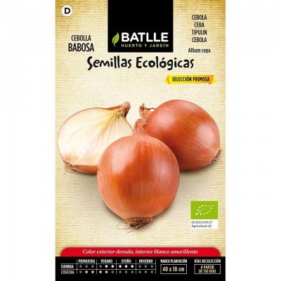 Pacote de sementes ecológicas Batlle para cebola babosa com três cebolas douradas na imagem