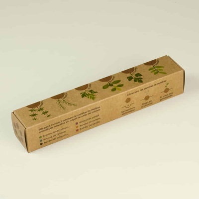 Caixa de papelão castanho com desenhos de folhas verdes e texto em português