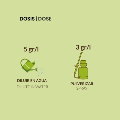 Instruções de dosagem com ícones e texto em castelhano e inglês sobre diluir em água e pulverizar