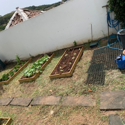 Canteiros de madeira com plantas, recipientes e mangueira num jardim exterior