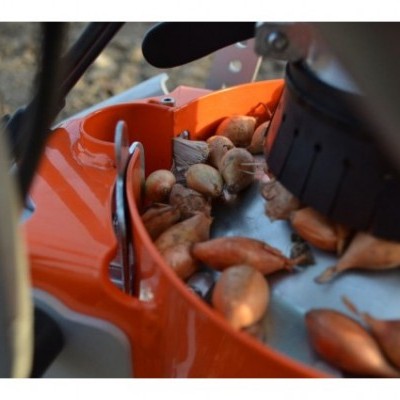 Máquina laranja com sementes castanhas numa bandeja metálica