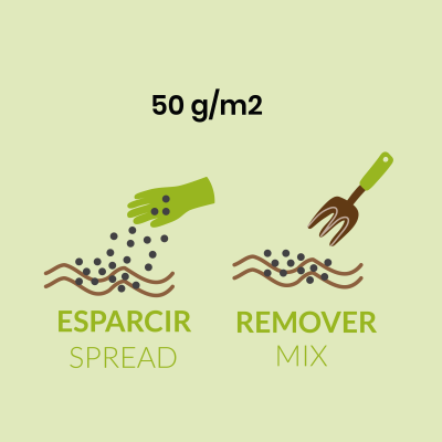 Ícones de sementes no solo com texto 50 g/m2 em fundo verde