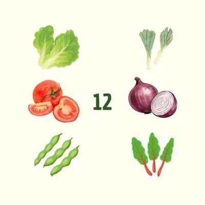 Ilustração colorida de legumes e verduras com o número 12 no centro