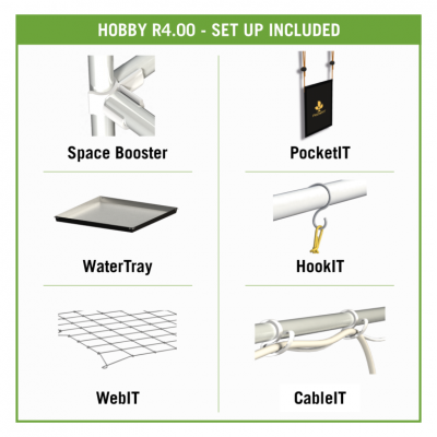 Imagem com seis produtos para conjunto HOBBY R4.00, incluindo Space Booster, PocketIT, WaterTray, HookIT, WebIT e CableIT