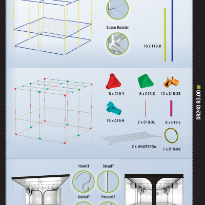 Diagrama técnico com estrutura e peças de tenda de cultivo Dark Room 240 R3.00.