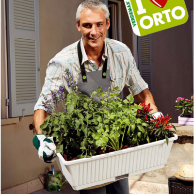 Homem com vaso de plantas verdes e flores vermelhas ao ar livre com persianas e cartão I HEART ORTO