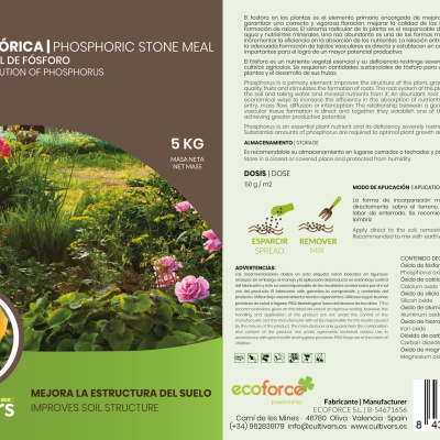 Saco de fertilizante de 5 kg Roca Fosfórica Cultivers com imagens de flores e ovo em fundo verde