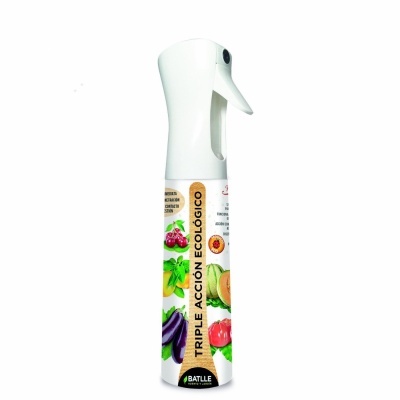 frasco branco com spray e etiqueta colorida com frutas e texto em espanhol