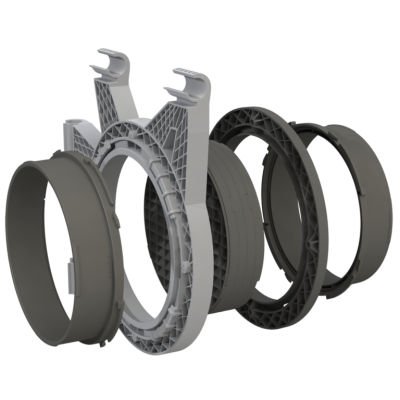 Peças cilíndricas e anéis em plástico cinzento e branco organizados em sequência