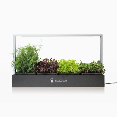Horta interior compacta com painel LED e plantas variadas em vaso preto