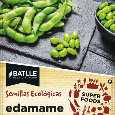 Embala sementes ecológicas edamame Batlle com imagem de vagens e grãos verdes