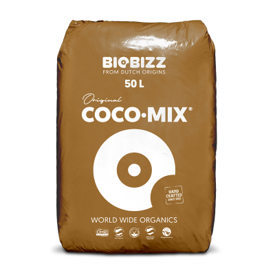 Saco castanho de mistura de coco BIOBIZZ 50 litros com texto branco