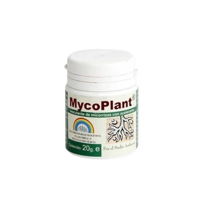 Frasco de MycoPlant branco com etiqueta verde e branca