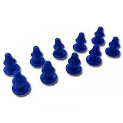 Peças pequenas de plástico azul em fundo branco