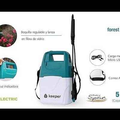 Pulverizador elétrico branco e verde-azulado com alça, capacidade 5 litros e carga Micro USB