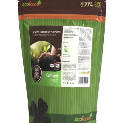 Embalagem de fertilizante ácidos húmicos e fúlvicos Ecoforce 1kg verde e castanho