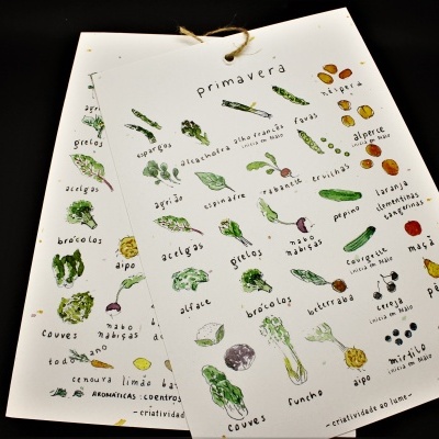 Cartazes ilustrando vegetais e frutos com nomes em português