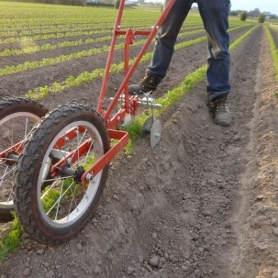 Equipamento agrícola com rodas e lâmina em terra arada, operado por pessoa na plantação