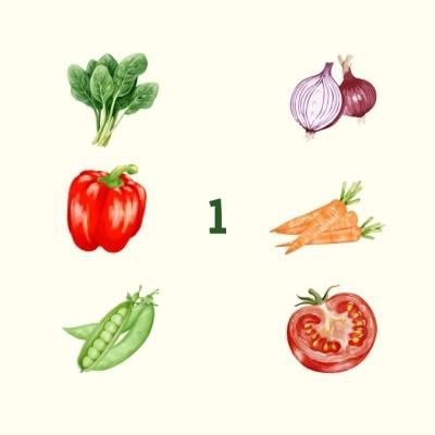 Ilustrações de vários vegetais e número 1 no centro