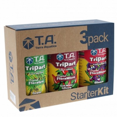 StarterKit fertilizantes líquidos Tripart T.A. Terra Aquatica em caixa de cartão reciclado com três frascos coloridos.