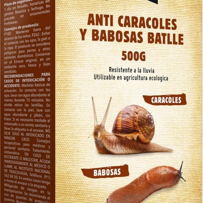 Embalagem de produto anti caracóis e babosas BATLLE 500g com imagens e texto explicativo
