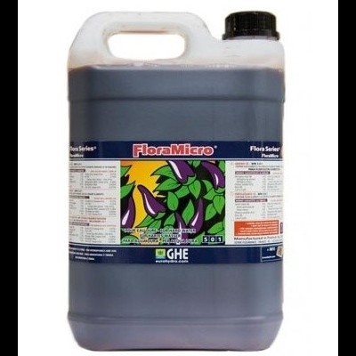 Garrafão plástico FloraMicro 5 litros com líquido escuro e rótulo colorido