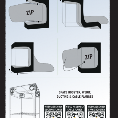 Manual de montagem Dark Street com peças, zíperes e QR codes para vídeos