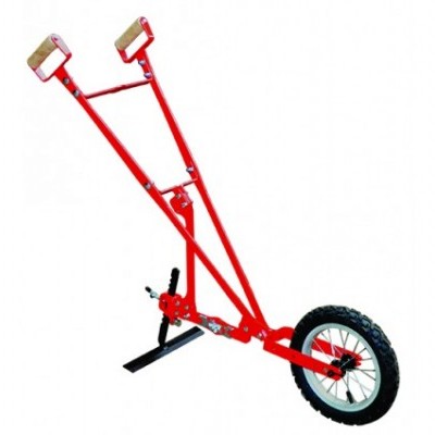 Carrinho manual de transporte com estrutura vermelha e uma roda preta.