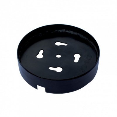 Base circular preta de metal com orifícios em forma de chave