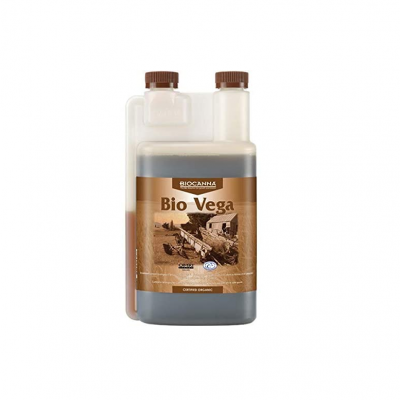 Frasco plástico translúcido com líquido castanho e rótulo BIOCANNA Bio Vega