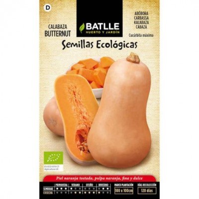 Embalagem de sementes ecológicas para abóbora butternut com imagem de abóboras e texto informativo