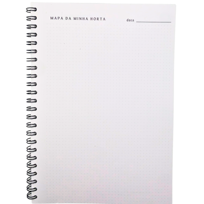 Caderno espiral branco com texto 'MAPA DA MINHA HORTA' e espaço para data