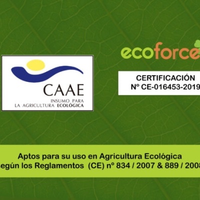 Certificação de agricultura ecológica com texto e logótipos sobre fundo verde com padrão de folha