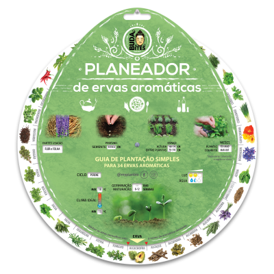 Planeador de ervas aromáticas verde com guia de plantação e ilustrações de ervas