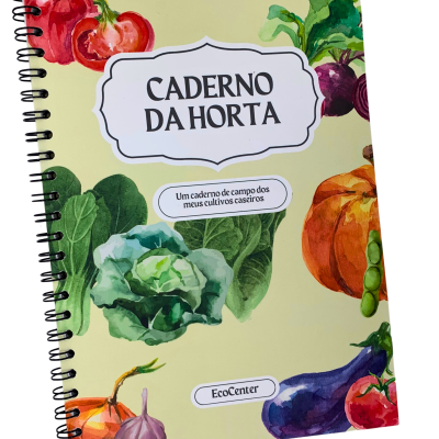 Caderno com capa ilustrada com vegetais e texto em português