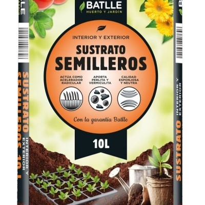 Saco de substrato para semilleros Batlle 10 litros com ilustrações de vegetais e terra