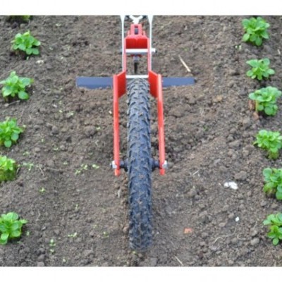 Ferramenta agrícola vermelha com roda preta entre fileiras de plantas verdes