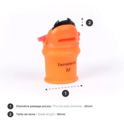 Afiador de lâminas laranja com texto Terrateck M e medidas de diâmetro e comprimento da lâmina